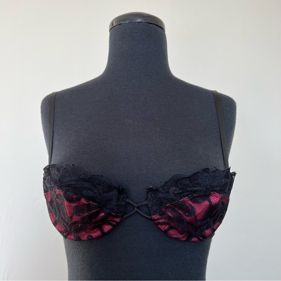 Rare VTG 1980s Victoria's Secret Pink and Black Lace Balconette Bra, 34B - Picture 1 of 11
